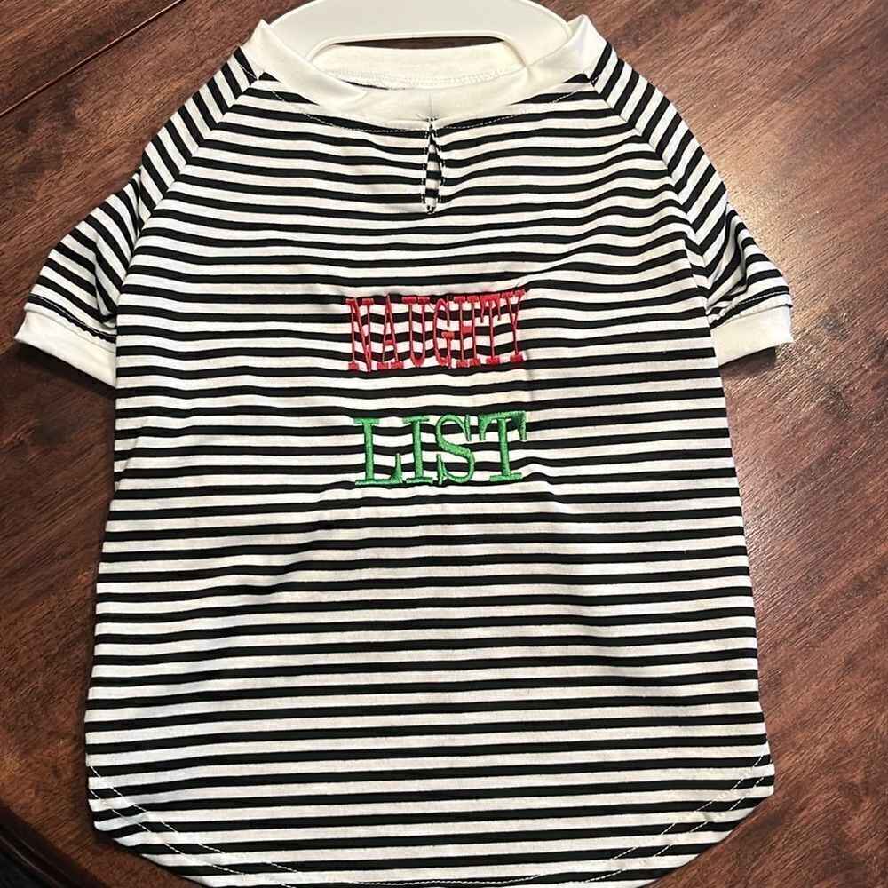 Tails & Noses Everyday Black White Striped Dog Christmas Shirt Naughty List- Lge